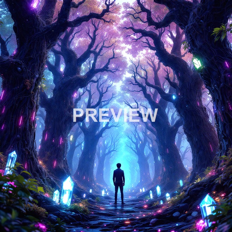 A person stands in a mystical, glowing forest with tall, twisting trees illuminated by colorful, neon-like lights and crystals on the ground, creating an enchanting and surreal atmosphere.